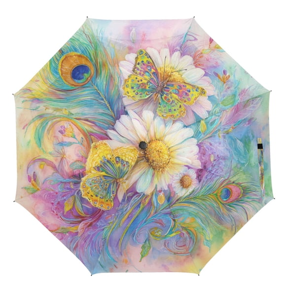 21" Inch Auto Open Close Folding Umbrella Windproof Waterproof Full Print 8-Rib Compact Travel Umbrella for Rainy Days Peacock Feathers Art Pattern