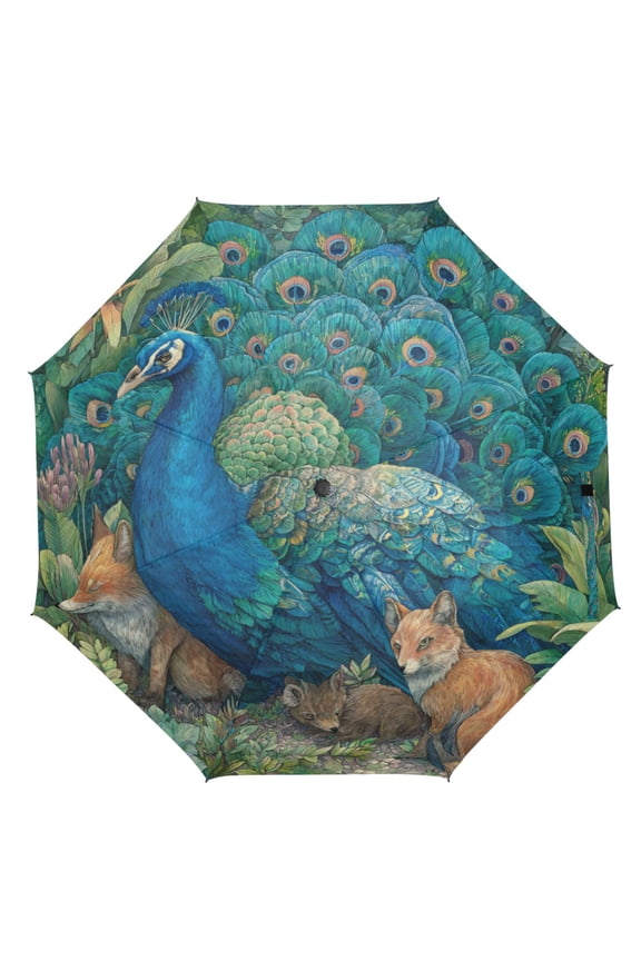 21" Inch Auto Open Close Folding Umbrella Windproof Waterproof Full Print 8-Rib Compact Travel Umbrella for Rainy Days Peacock and Foxes