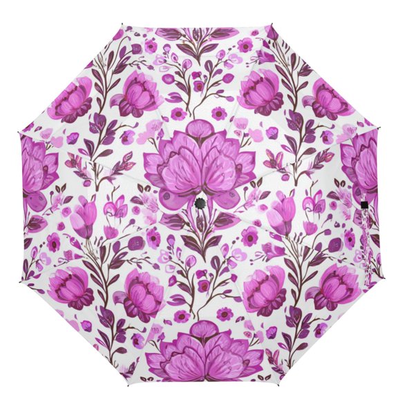 21" Inch Auto Open Close Folding Umbrella Windproof Waterproof Full Print 8-Rib Compact Travel Umbrella for Rainy Days Pink Purple Lotus