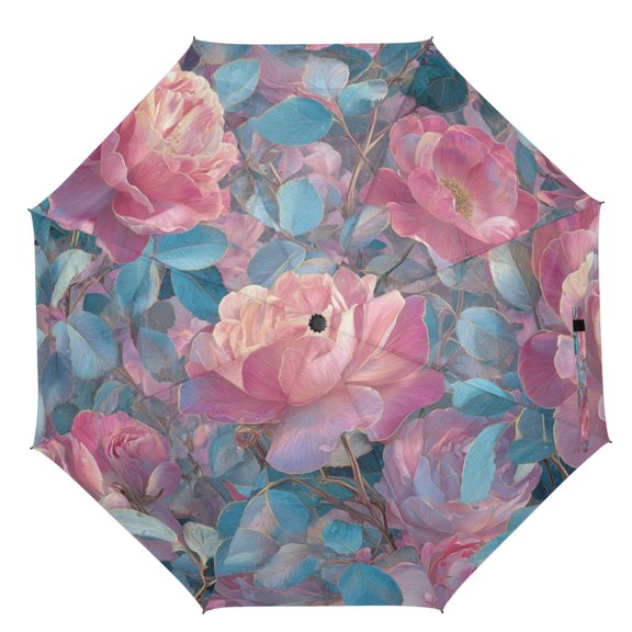 21" Inch Auto Open Close Folding Umbrella Windproof Waterproof Full Print 8-Rib Compact Travel Umbrella for Rainy Days Pink Roses and Blue Leaves