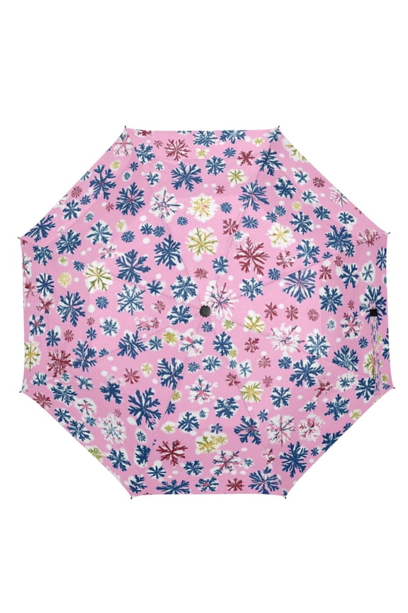21" Inch Auto Open Close Folding Umbrella Windproof Waterproof Full Print 8-Rib Compact Travel Umbrella for Rainy Days Pink Snowflakes Pattern
