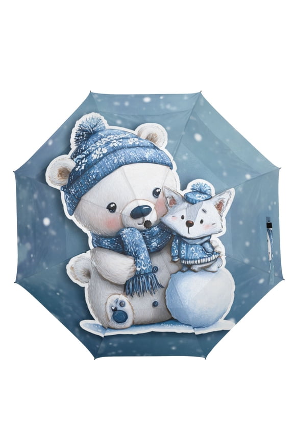 21" Inch Auto Open Close Folding Umbrella Windproof Waterproof Full Print 8-Rib Compact Travel Umbrella for Rainy Days Polar Bear and Fox Pattern