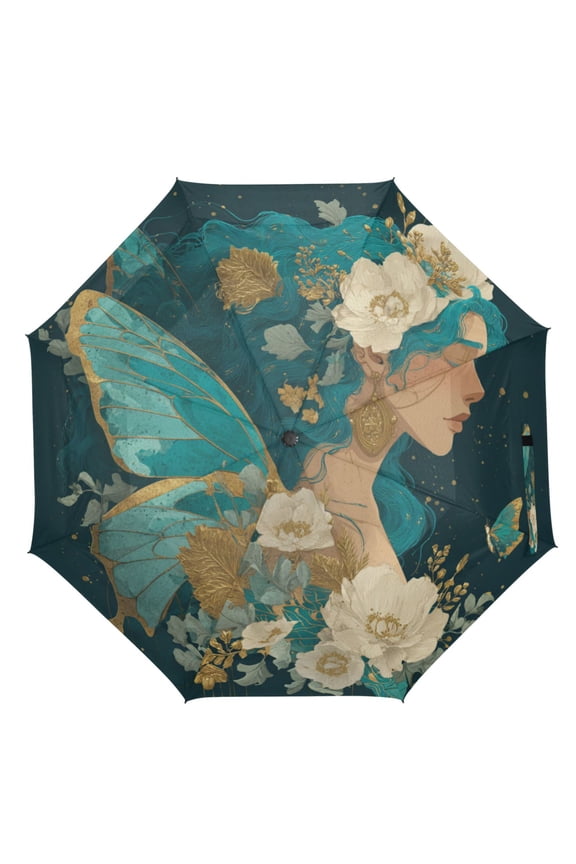 21" Inch Auto Open Close Folding Umbrella Windproof Waterproof Full Print 8-Rib Compact Travel Umbrella for Rainy Days Princess Butterfly