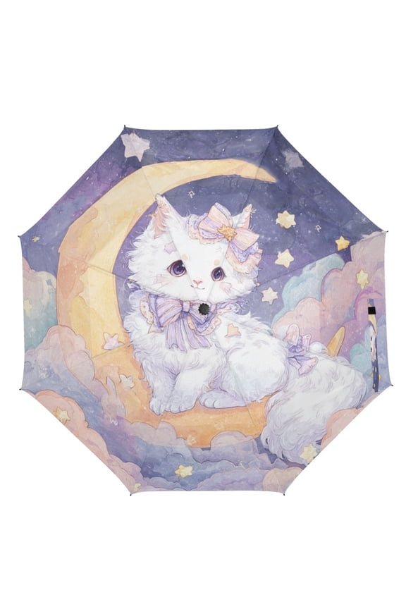 21" Inch Auto Open Close Folding Umbrella Windproof Waterproof Full Print 8-Rib Compact Travel Umbrella for Rainy Days Princess Cat and Moon