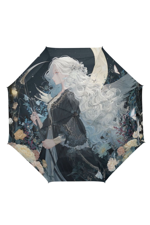 21" Inch Auto Open Close Folding Umbrella Windproof Waterproof Full Print 8-Rib Compact Travel Umbrella for Rainy Days Princess Of The Moon