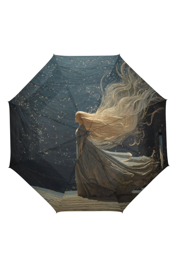 21" Inch Auto Open Close Folding Umbrella Windproof Waterproof Full Print 8-Rib Compact Travel Umbrella for Rainy Days Princess with Long Hair