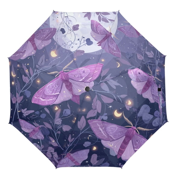 21" Inch Auto Open Close Folding Umbrella Windproof Waterproof Full Print 8-Rib Compact Travel Umbrella for Rainy Days Purple Lilac Moths