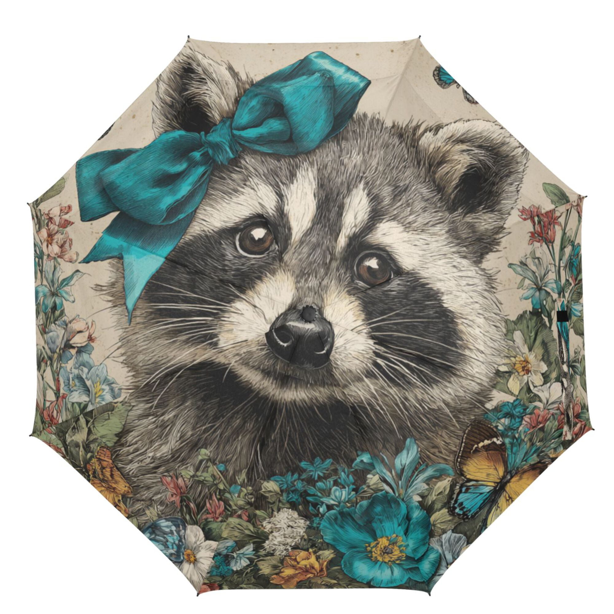 21" Inch Auto Open Close Folding Umbrella Windproof Waterproof Full Print 8-Rib Compact Travel Umbrella for Rainy Days Raccoon with A Blue Bow