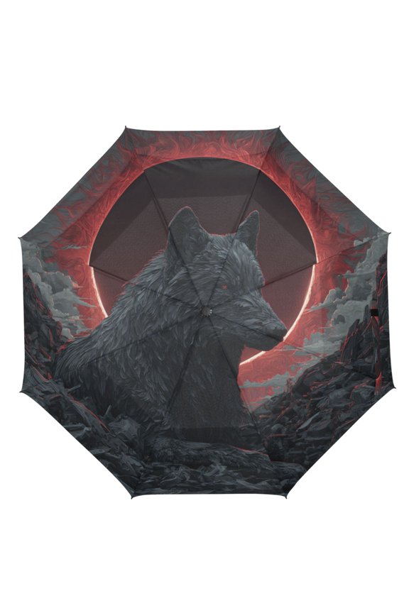 21" Inch Auto Open Close Folding Umbrella Windproof Waterproof Full Print 8-Rib Compact Travel Umbrella for Rainy Days Red Sun Lone Wolf