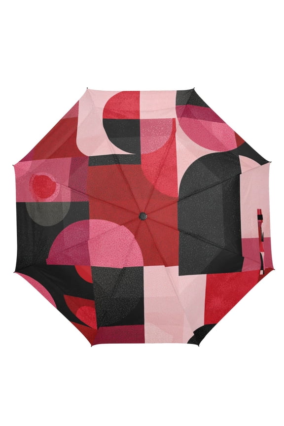 21" Inch Auto Open Close Folding Umbrella Windproof Waterproof Full Print 8-Rib Compact Travel Umbrella for Rainy Days Red and Black Record Pattern