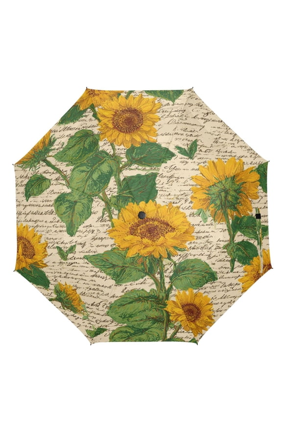 21" Inch Auto Open Close Folding Umbrella Windproof Waterproof Full Print 8-Rib Compact Travel Umbrella for Rainy Days Retro-chic Sunflowers