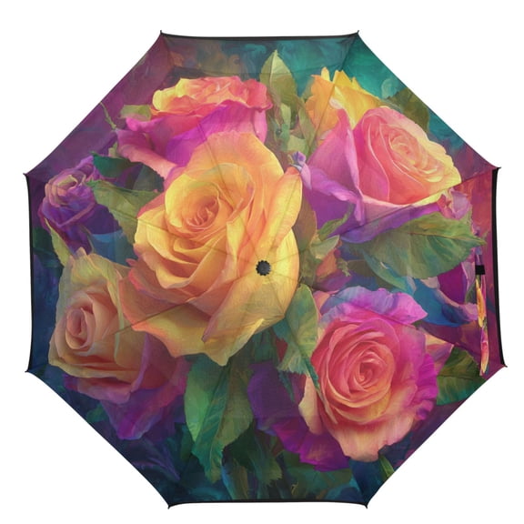 21" Inch Auto Open Close Folding Umbrella Windproof Waterproof Full Print 8-Rib Compact Travel Umbrella for Rainy Days Rose Bouquet