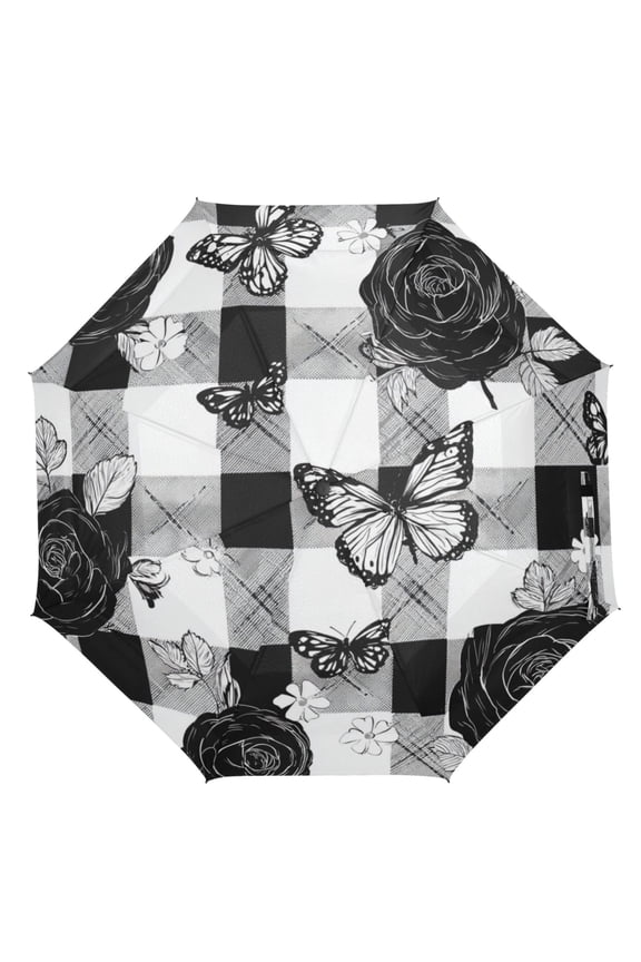 21" Inch Auto Open Close Folding Umbrella Windproof Waterproof Full Print 8-Rib Compact Travel Umbrella for Rainy Days Rose Checkered Pattern
