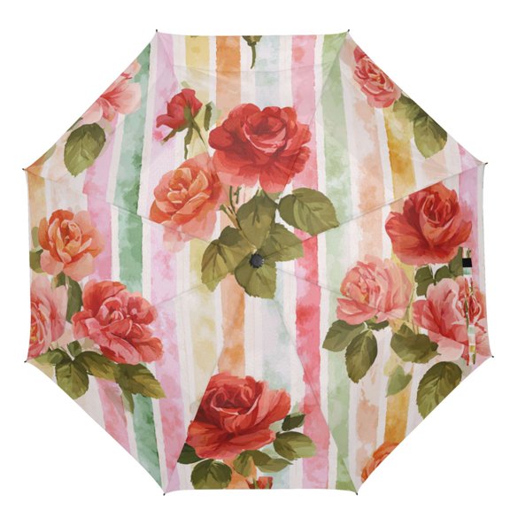 21" Inch Auto Open Close Folding Umbrella Windproof Waterproof Full Print 8-Rib Compact Travel Umbrella for Rainy Days Roses on A Rainbow Background