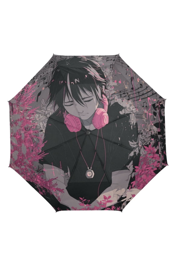 21" Inch Auto Open Close Folding Umbrella Windproof Waterproof Full Print 8-Rib Compact Travel Umbrella for Rainy Days Sad Anime Boy