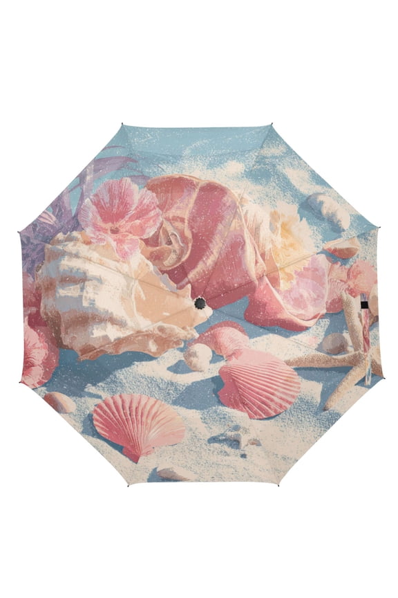 21" Inch Auto Open Close Folding Umbrella Windproof Waterproof Full Print 8-Rib Compact Travel Umbrella for Rainy Days Shell and Conch Pattern