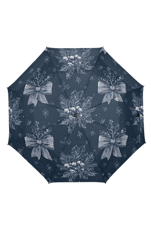 21" Inch Auto Open Close Folding Umbrella Windproof Waterproof Full Print 8-Rib Compact Travel Umbrella for Rainy Days Silver Christmas Bows Pattern