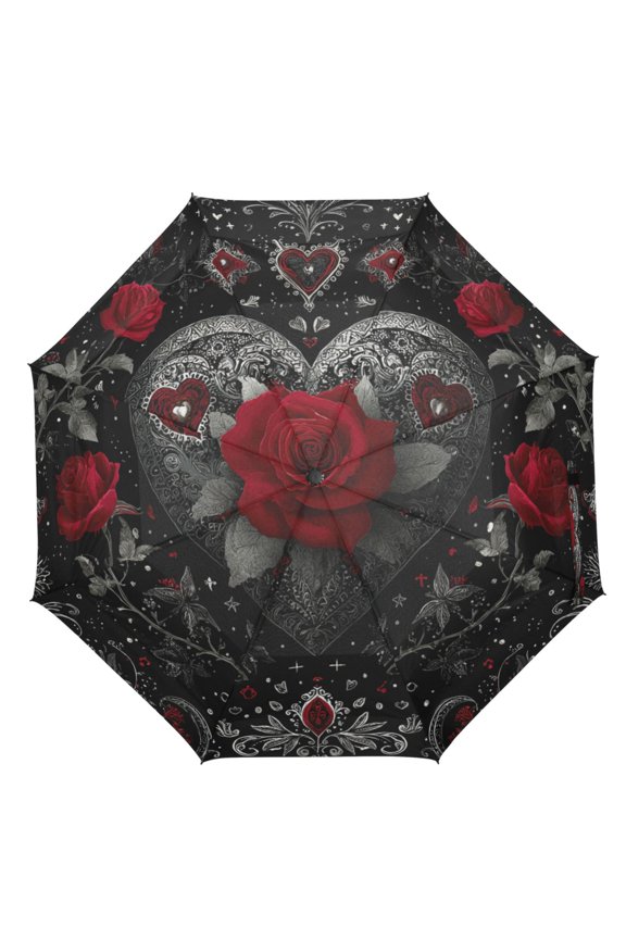 21" Inch Auto Open Close Folding Umbrella Windproof Waterproof Full Print 8-Rib Compact Travel Umbrella for Rainy Days Silver and Bright Red Roses