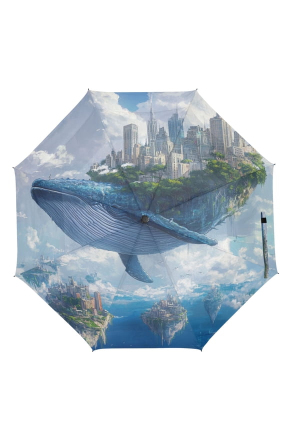21" Inch Auto Open Close Folding Umbrella Windproof Waterproof Full Print 8-Rib Compact Travel Umbrella for Rainy Days Sky Magic Blue Whale