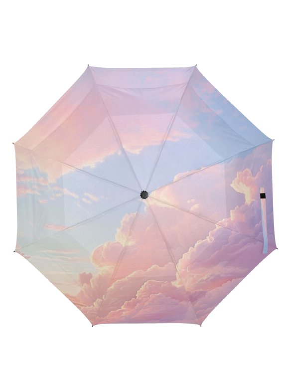 21" Inch Auto Open Close Folding Umbrella Windproof Waterproof Full Print 8-Rib Compact Travel Umbrella for Rainy Days Sky with Pink Clouds