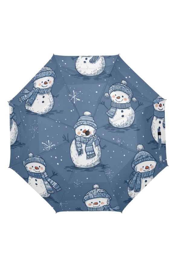 21" Inch Auto Open Close Folding Umbrella Windproof Waterproof Full Print 8-Rib Compact Travel Umbrella for Rainy Days Snowflakes and Smiling Snowmen
