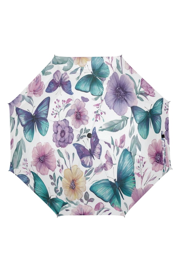 21" Inch Auto Open Close Folding Umbrella Windproof Waterproof Full Print 8-Rib Compact Travel Umbrella for Rainy Days Soft Colors Butterflies