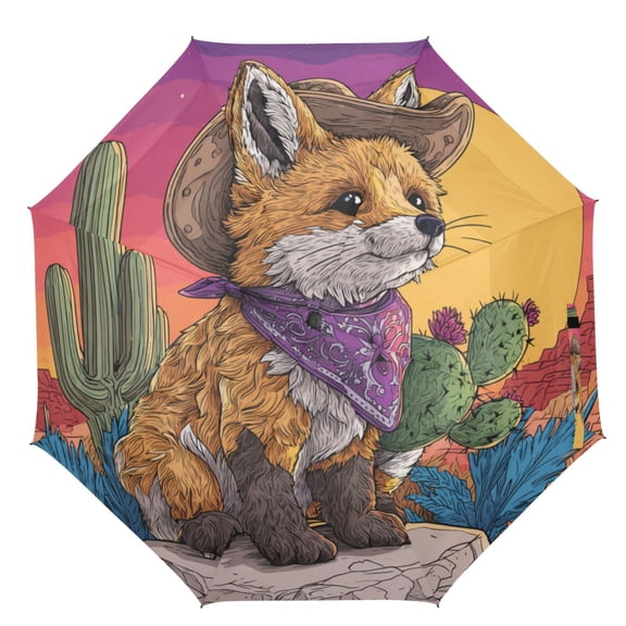 21" Inch Auto Open Close Folding Umbrella Windproof Waterproof Full Print 8-Rib Compact Travel Umbrella for Rainy Days Super Cute Little Fox