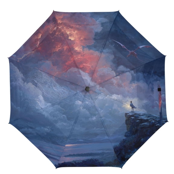 21" Inch Auto Open Close Folding Umbrella Windproof Waterproof Full Print 8-Rib Compact Travel Umbrella for Rainy Days The World Of Dragons