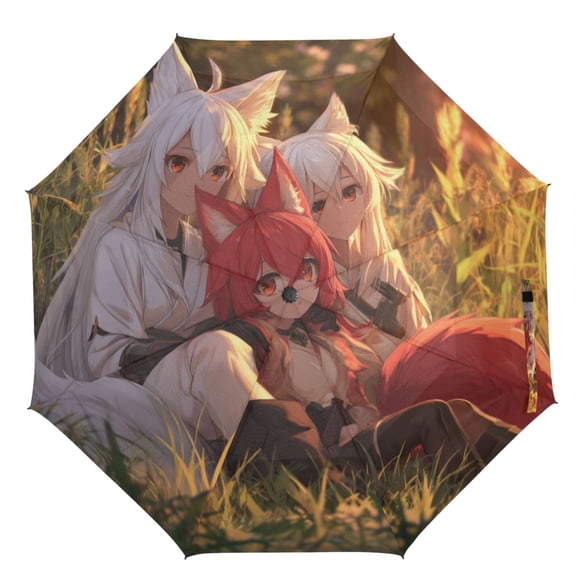 21" Inch Auto Open Close Folding Umbrella Windproof Waterproof Full Print 8-Rib Compact Travel Umbrella for Rainy Days Three Anime Foxes