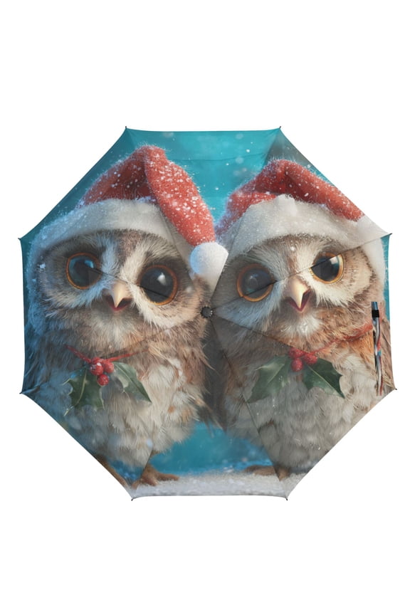 21" Inch Auto Open Close Folding Umbrella Windproof Waterproof Full Print 8-Rib Compact Travel Umbrella for Rainy Days Two Lovely Christmas Owls