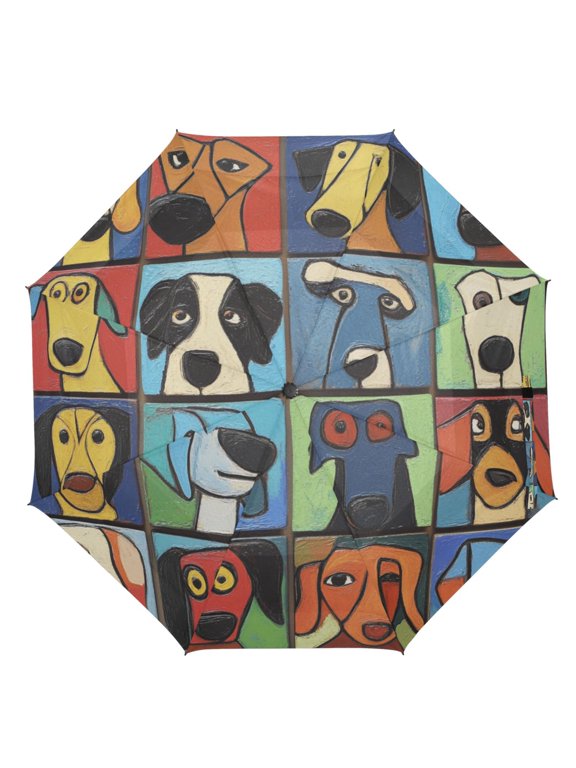 21" Inch Auto Open Close Folding Umbrella Windproof Waterproof Full Print 8-Rib Compact Travel Umbrella for Rainy Days Van Gogh Style Cute Dogs