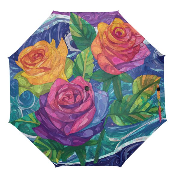 21" Inch Auto Open Close Folding Umbrella Windproof Waterproof Full Print 8-Rib Compact Travel Umbrella for Rainy Days Vibrant Colors Roses