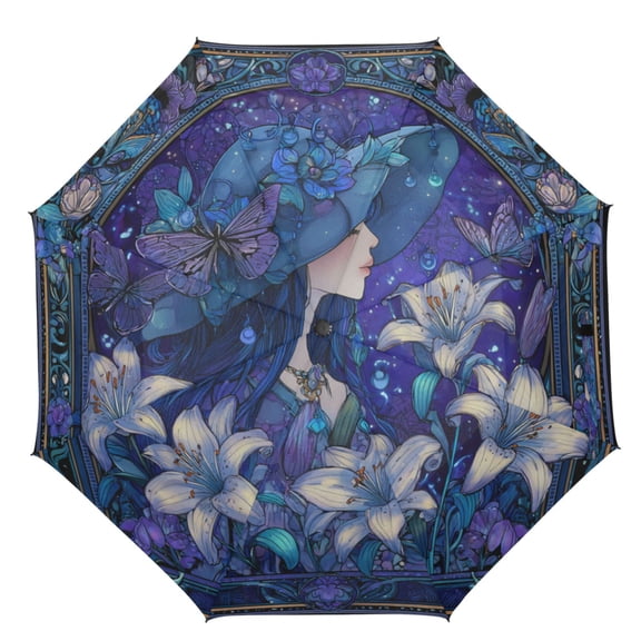 21" Inch Auto Open Close Folding Umbrella Windproof Waterproof Full Print 8-Rib Compact Travel Umbrella for Rainy Days Violet Princess
