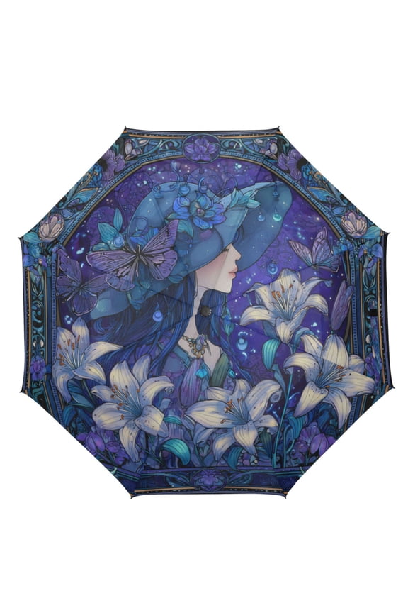 21" Inch Auto Open Close Folding Umbrella Windproof Waterproof Full Print 8-Rib Compact Travel Umbrella for Rainy Days Violet Princess