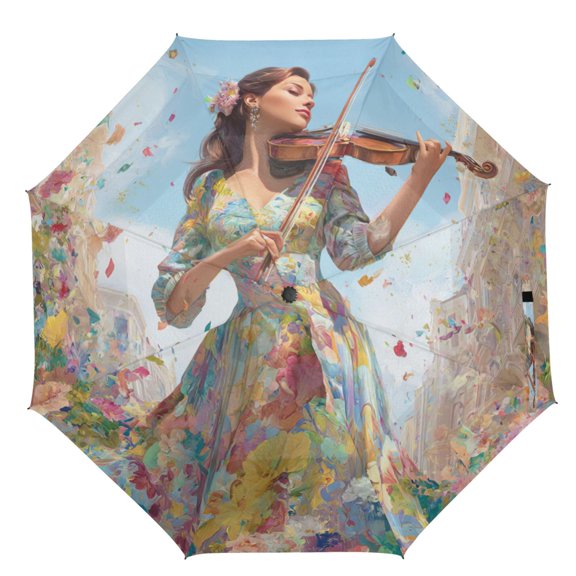 21" Inch Auto Open Close Folding Umbrella Windproof Waterproof Full Print 8-Rib Compact Travel Umbrella for Rainy Days Violin Performance