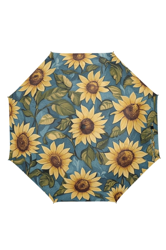 21" Inch Auto Open Close Folding Umbrella Windproof Waterproof Full Print 8-Rib Compact Travel Umbrella for Rainy Days Virbant Sunflowers Pattern