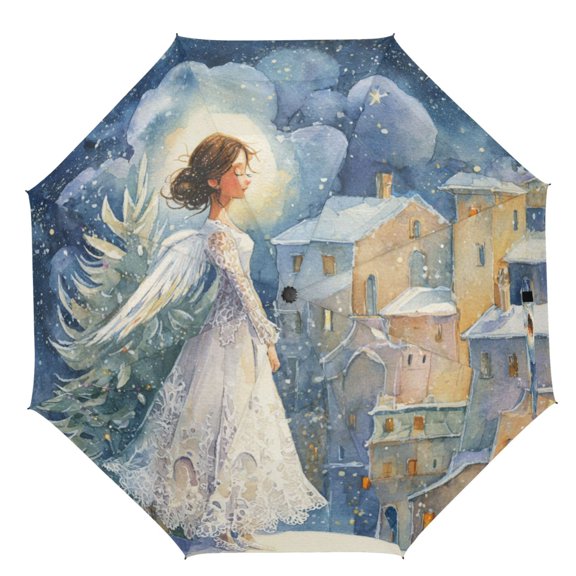 21" Inch Auto Open Close Folding Umbrella Windproof Waterproof Full Print 8-Rib Compact Travel Umbrella for Rainy Days Wedding Angel