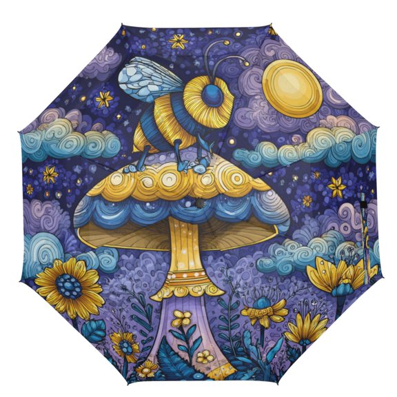 21" Inch Auto Open Close Folding Umbrella Windproof Waterproof Full Print 8-Rib Compact Travel Umbrella for Rainy Days Whimsical Cartoon Bee