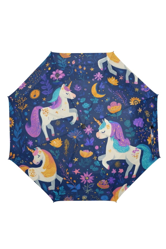 21" Inch Auto Open Close Folding Umbrella Windproof Waterproof Full Print 8-Rib Compact Travel Umbrella for Rainy Days Whimsical Unicorns