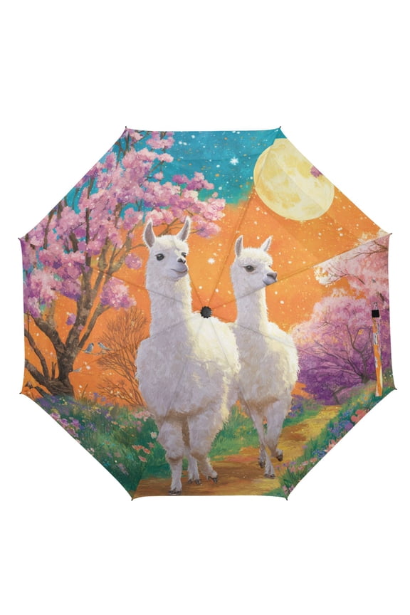21" Inch Auto Open Close Folding Umbrella Windproof Waterproof Full Print 8-Rib Compact Travel Umbrella for Rainy Days White Llama Couple