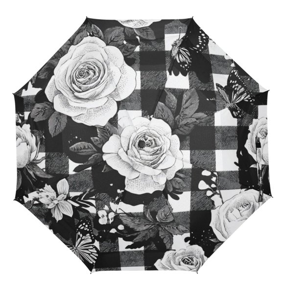 21" Inch Auto Open Close Folding Umbrella Windproof Waterproof Full Print 8-Rib Compact Travel Umbrella for Rainy Days White Rose Pattern