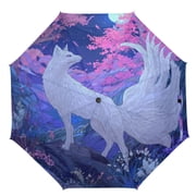 21" Inch Auto Open Close Folding Umbrella Windproof Waterproof Full Print 8-Rib Compact Travel Umbrella for Rainy Days White Spirit Fox