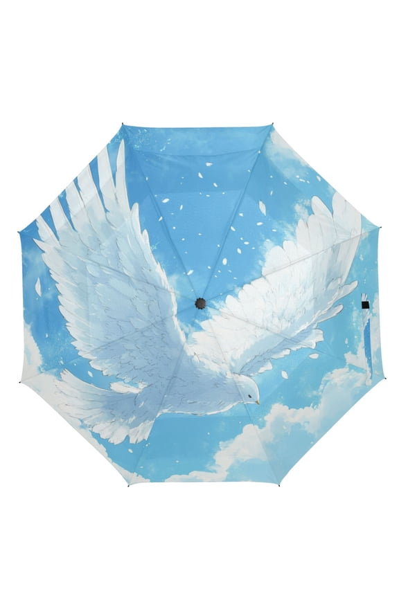 21" Inch Auto Open Close Folding Umbrella Windproof Waterproof Full Print 8-Rib Compact Travel Umbrella for Rainy Days White Wings Flying