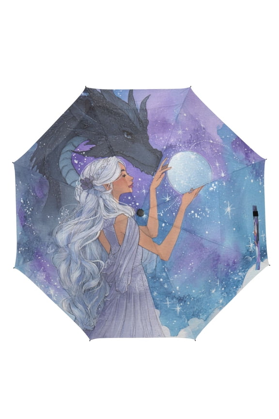 21" Inch Auto Open Close Folding Umbrella Windproof Waterproof Full Print 8-Rib Compact Travel Umbrella for Rainy Days White-haired Princess