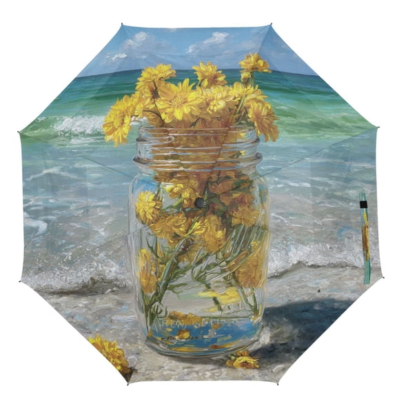 21" Inch Auto Open Close Folding Umbrella Windproof Waterproof Full Print 8-Rib Compact Travel Umbrella for Rainy Days Yellow Daisy Glass Jar