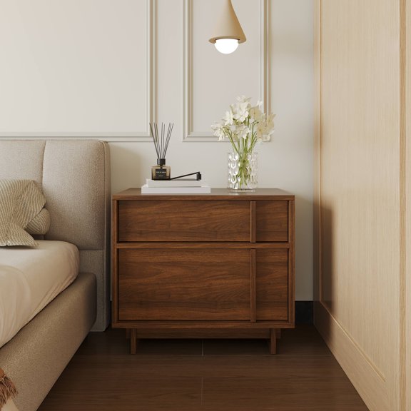 21-Inch Bedside Table with Paneled Front, Walnut Brown