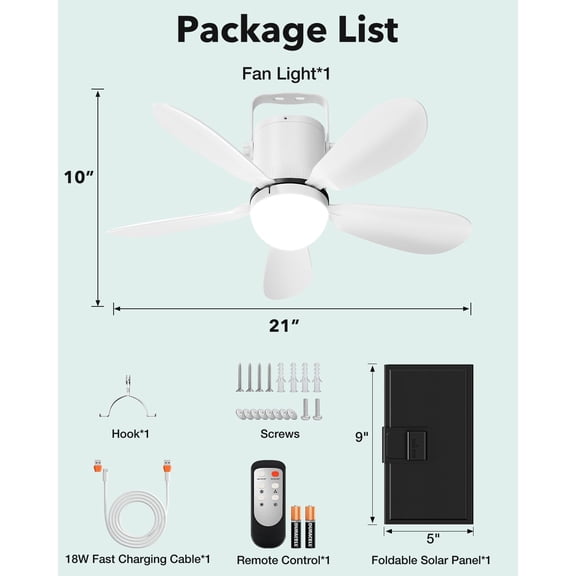 21 Inch  Ceiling Fan Light with Remote Control and 30W Portable Foldable  Panel for Camping Tent Gazebo Outdoor Use