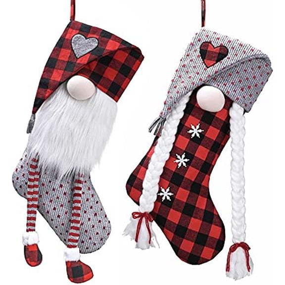 21 Inch Christmas Gnome Stockings Decorations, 2 Pack Fabric Red Gray Tartan Cute Stocking with Name Tag, Valentine Day Gifts for Gnomes Lover and Women$$Home Decor, Kitchen, & Other