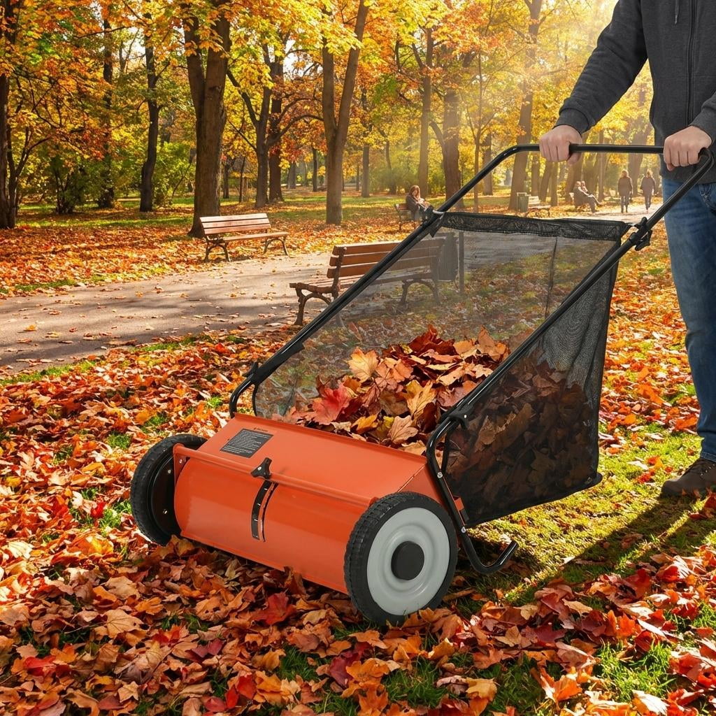21 Inch Heavy Duty 4-Brush Push Lawn Sweeper, 3.5 Cu.Ft Large Collection Bag for Yard, Garden Cleanup