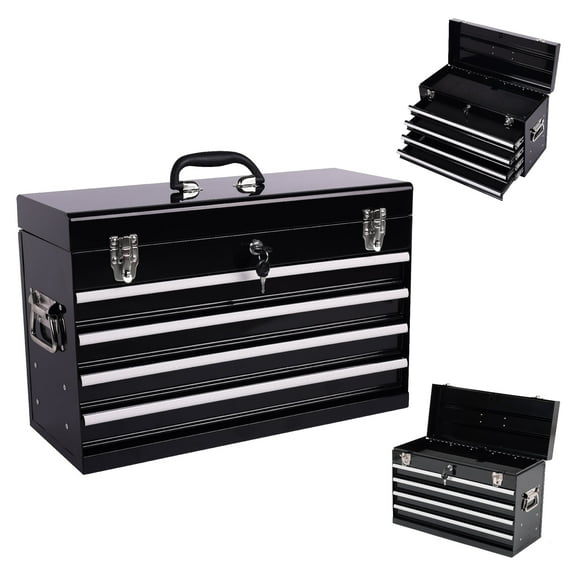 21 Inch Heavy-Duty Metal Tool Box with 4 Drawers, Portable Tool Chest with Ball Bearing Slides, Auto-Locking System & EVA Liners, Antique Black Multi-Purpose Organizer